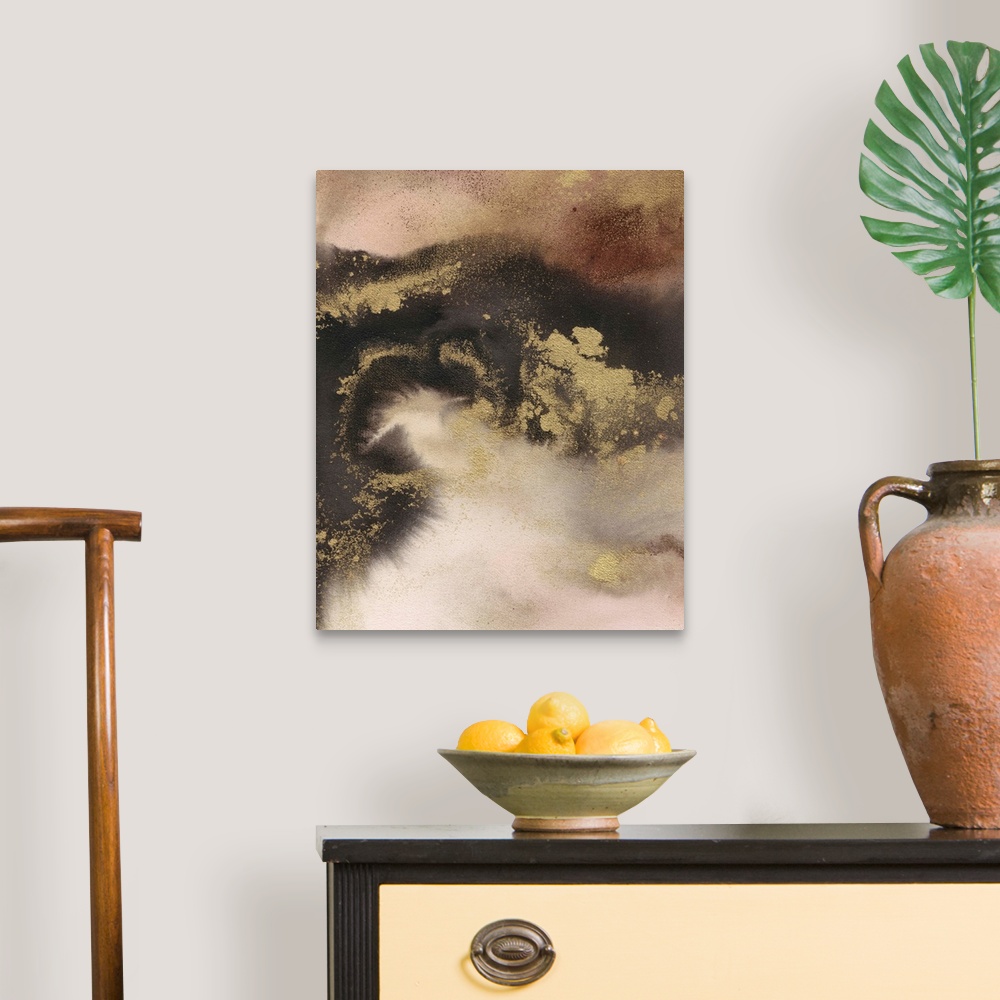 A traditional room featuring Large abstract painting created with shades of brown and metallic gold accents.