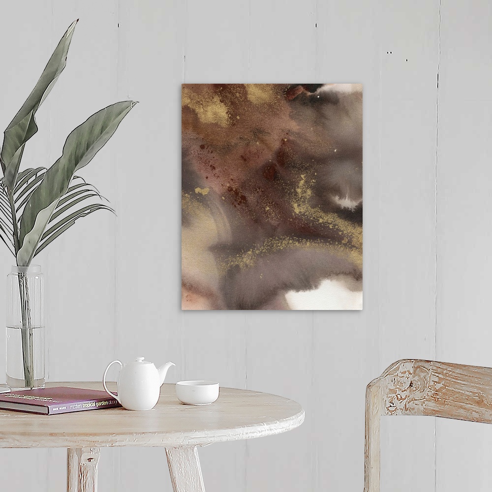 A farmhouse room featuring Large abstract painting created with shades of brown and metallic gold accents.