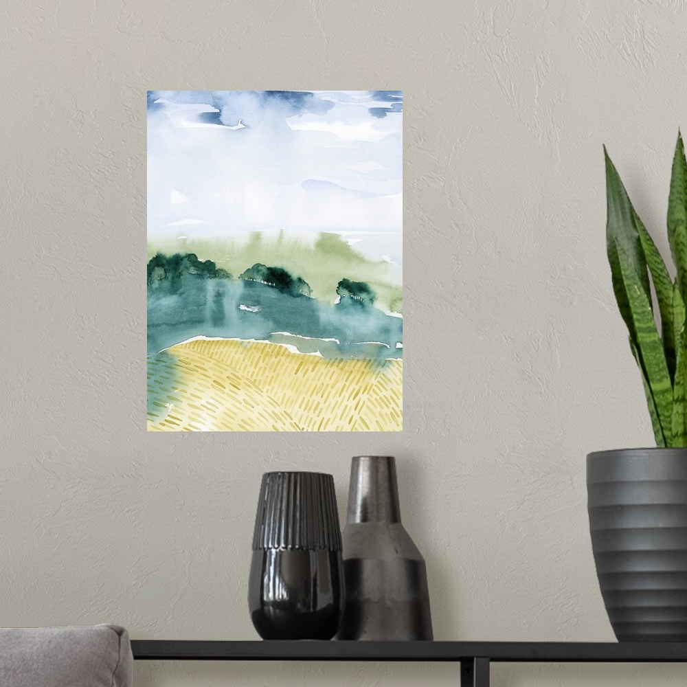 A modern room featuring Watercolor landscape of a countryside with rolling hills in the background and golden fields in t...