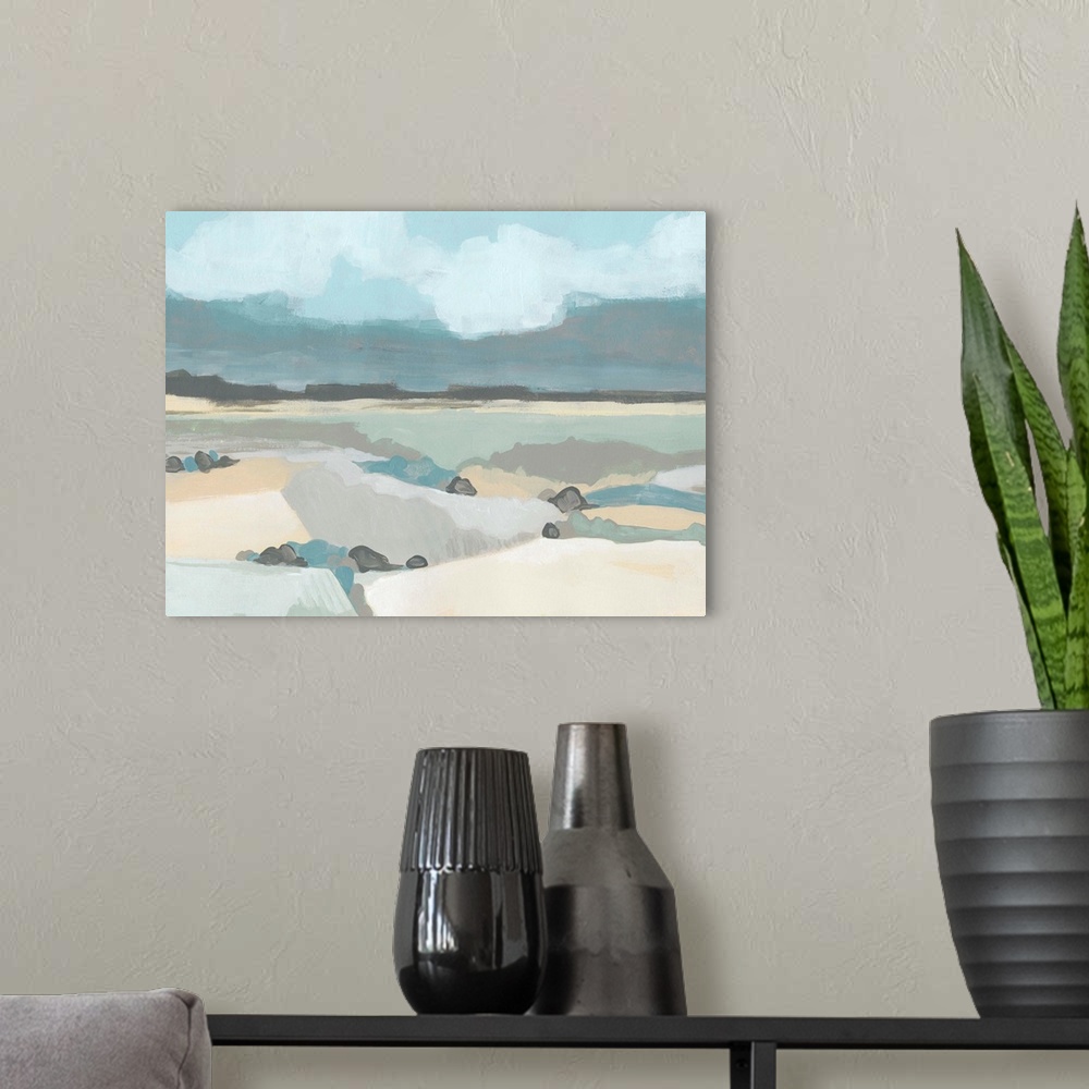 A modern room featuring Abstract landscape painting of a valley with mountains in the distance in pastel hues.