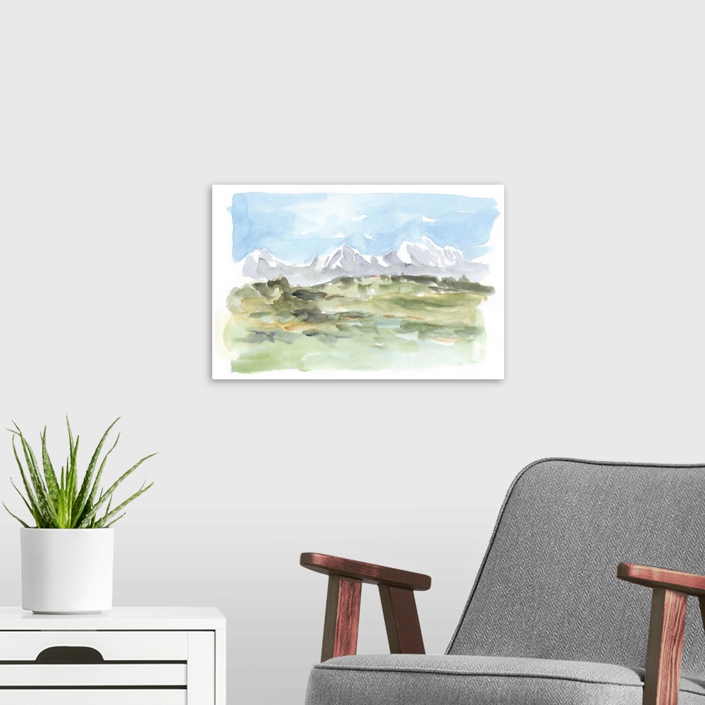 A modern room featuring Mountain Watercolor I