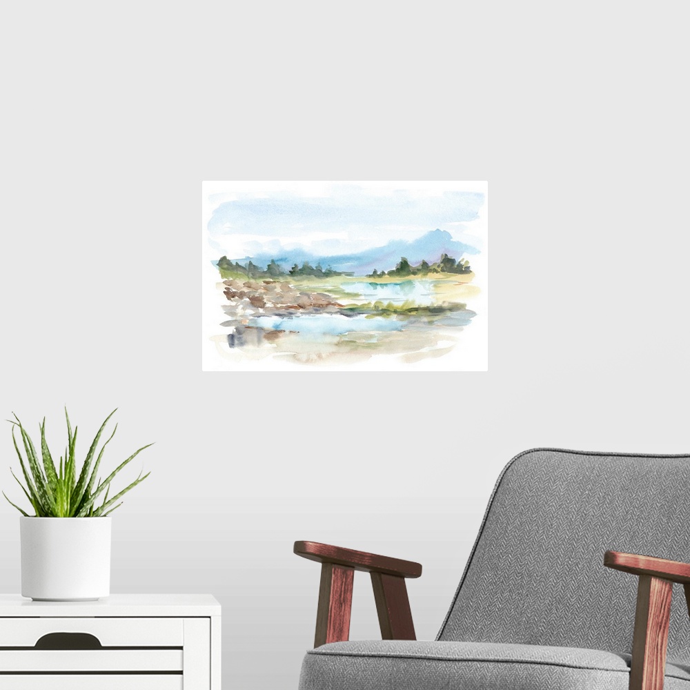 A modern room featuring Mountain Watercolor IV