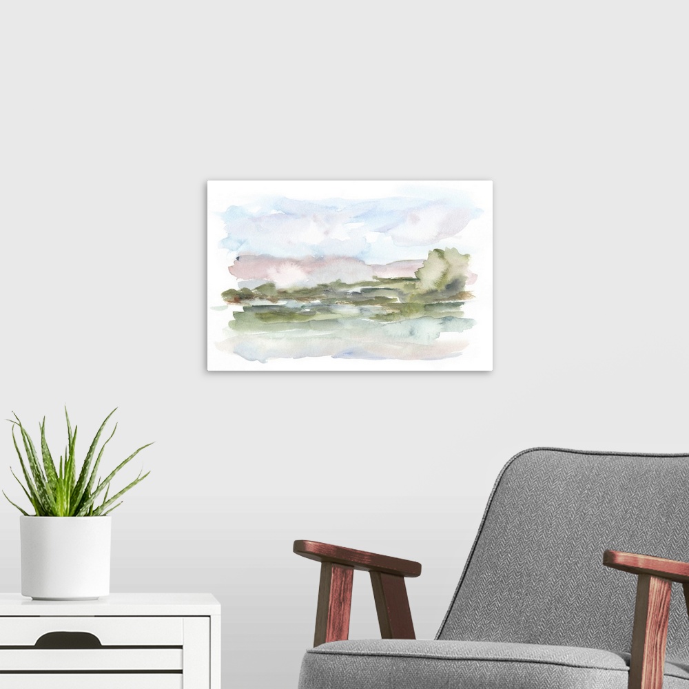 A modern room featuring Mountain Watercolor VI