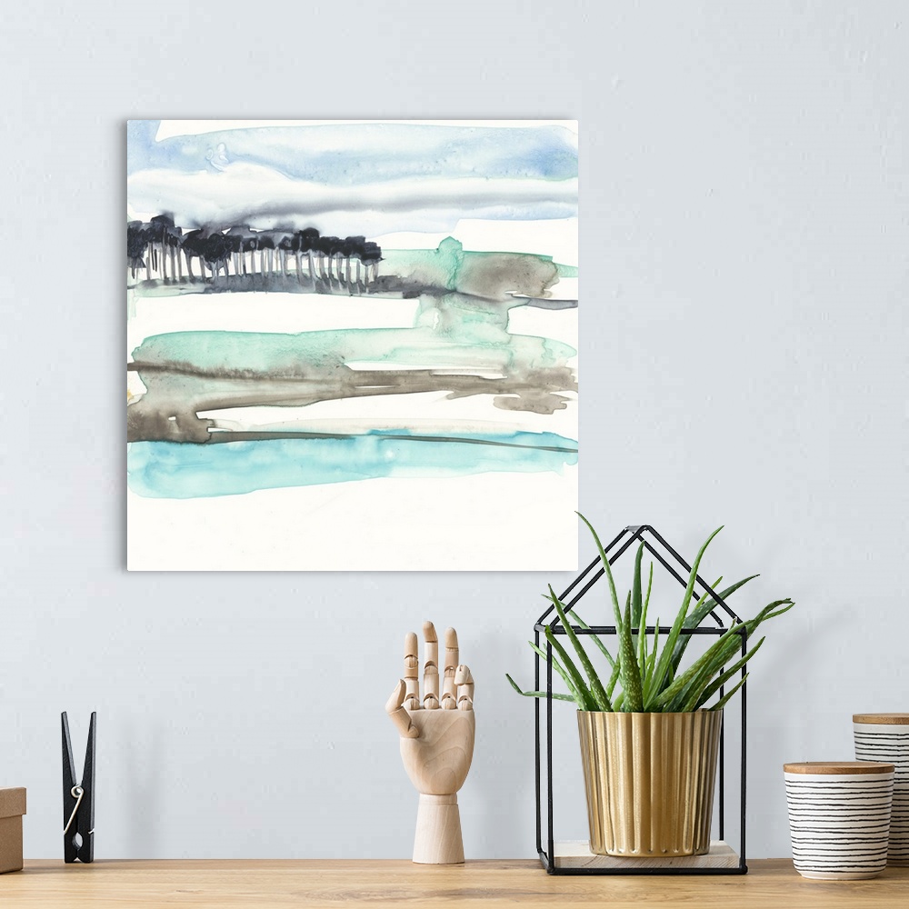 A bohemian room featuring Abstract landscape watercolor painting in shades of blue, brown, and green with black trees in th...