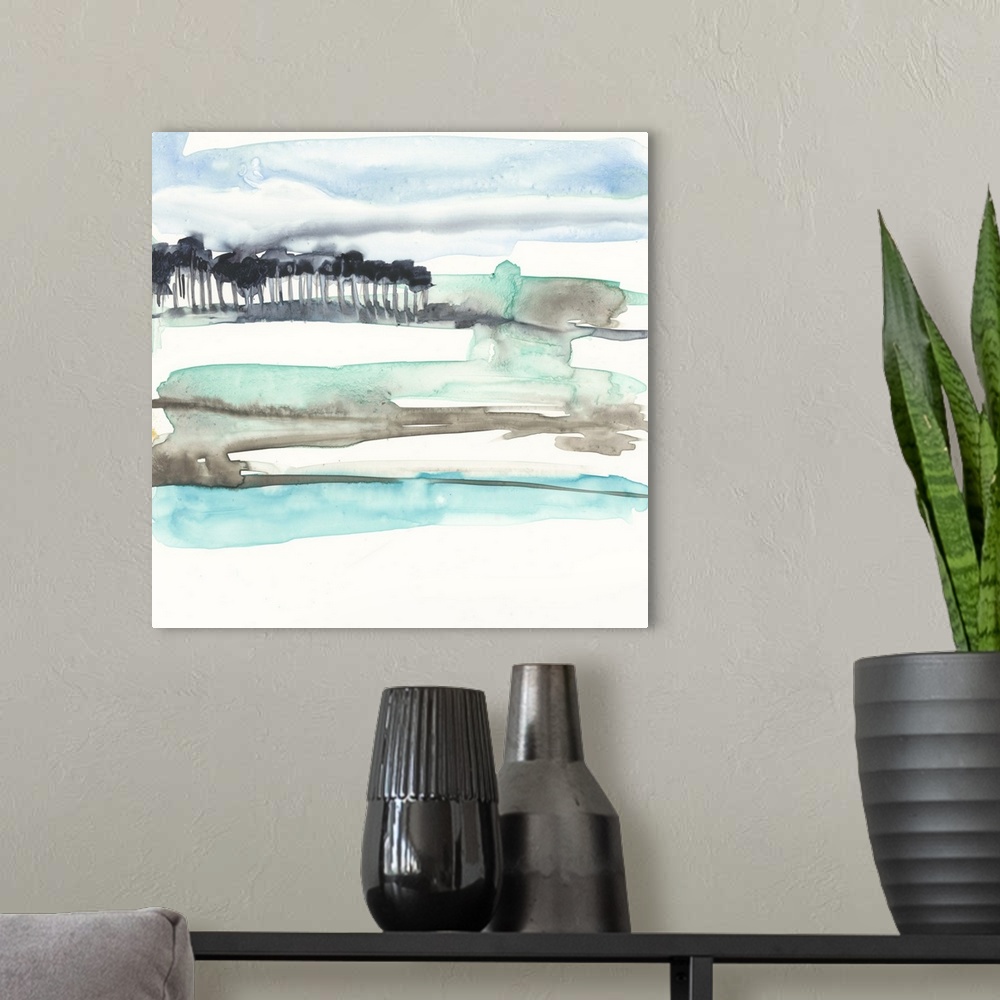 A modern room featuring Abstract landscape watercolor painting in shades of blue, brown, and green with black trees in th...