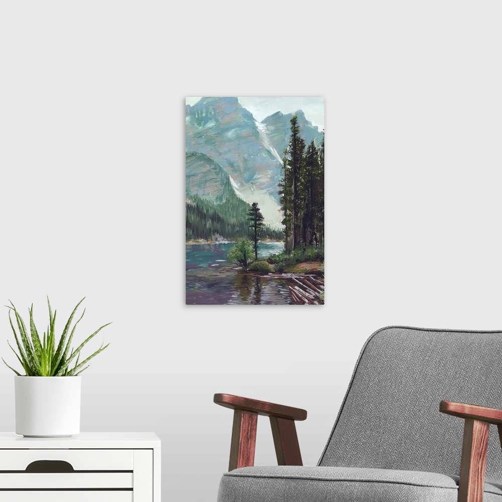 A modern room featuring Vertical painting of a lush green mountain and wilderness landscape with a river in the foreground.