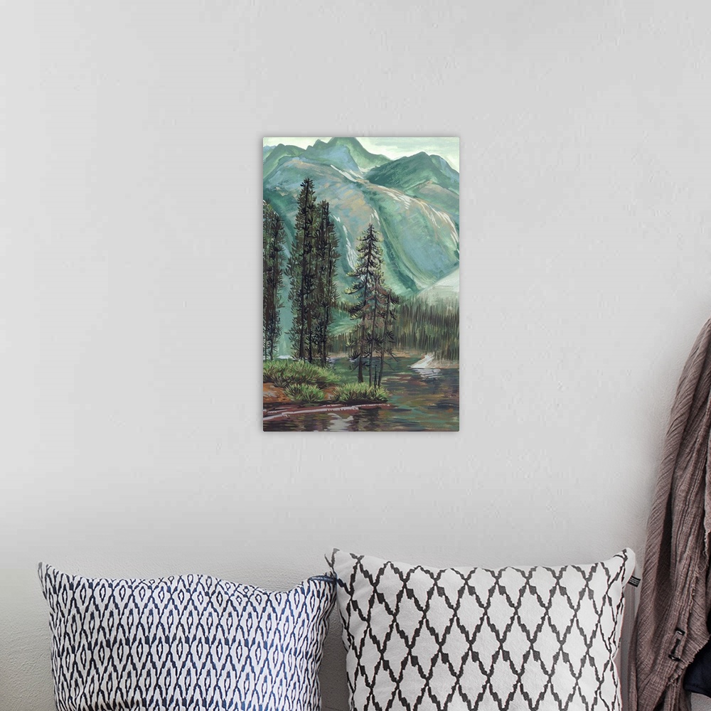 A bohemian room featuring Vertical painting of a lush green mountain and wilderness landscape with a river in the foreground.