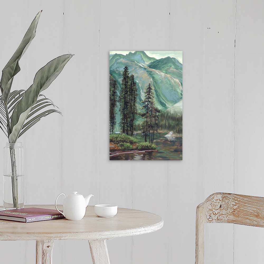 A farmhouse room featuring Vertical painting of a lush green mountain and wilderness landscape with a river in the foreground.
