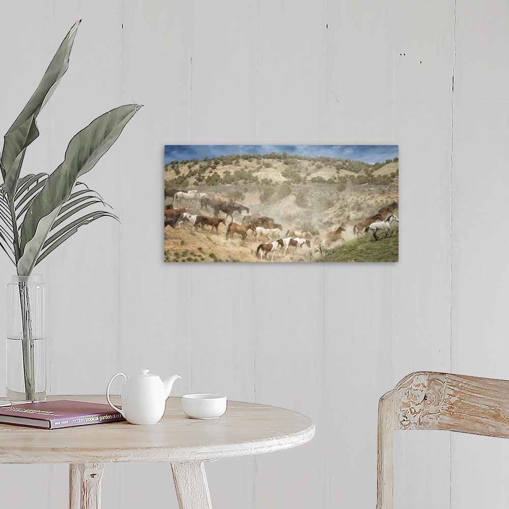 A farmhouse room featuring Fine art photo of a herd of wild horses crossing a valley.