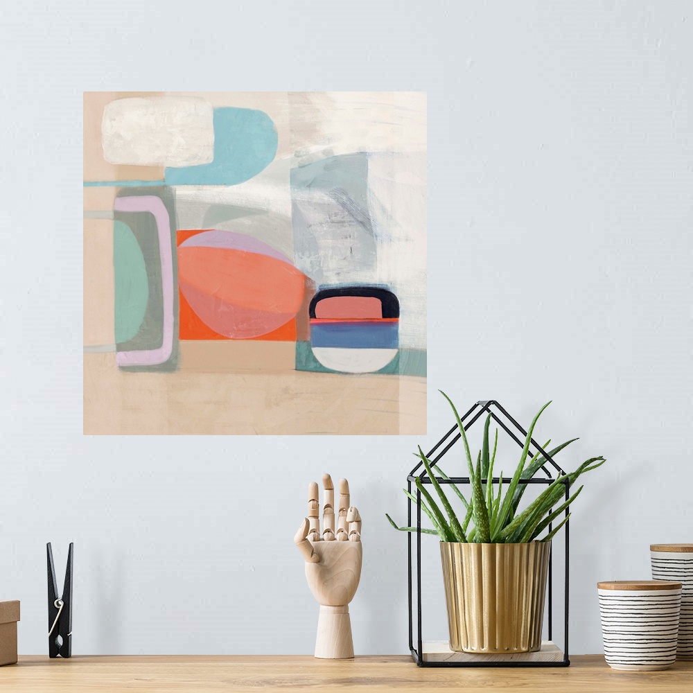 A bohemian room featuring Contemporary artwork of mod shapes in pastel colors on a neutral background.