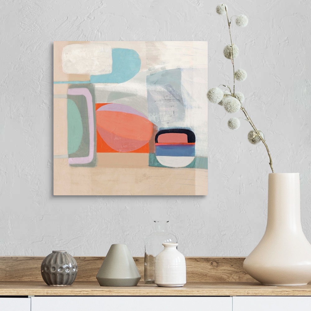 A farmhouse room featuring Contemporary artwork of mod shapes in pastel colors on a neutral background.