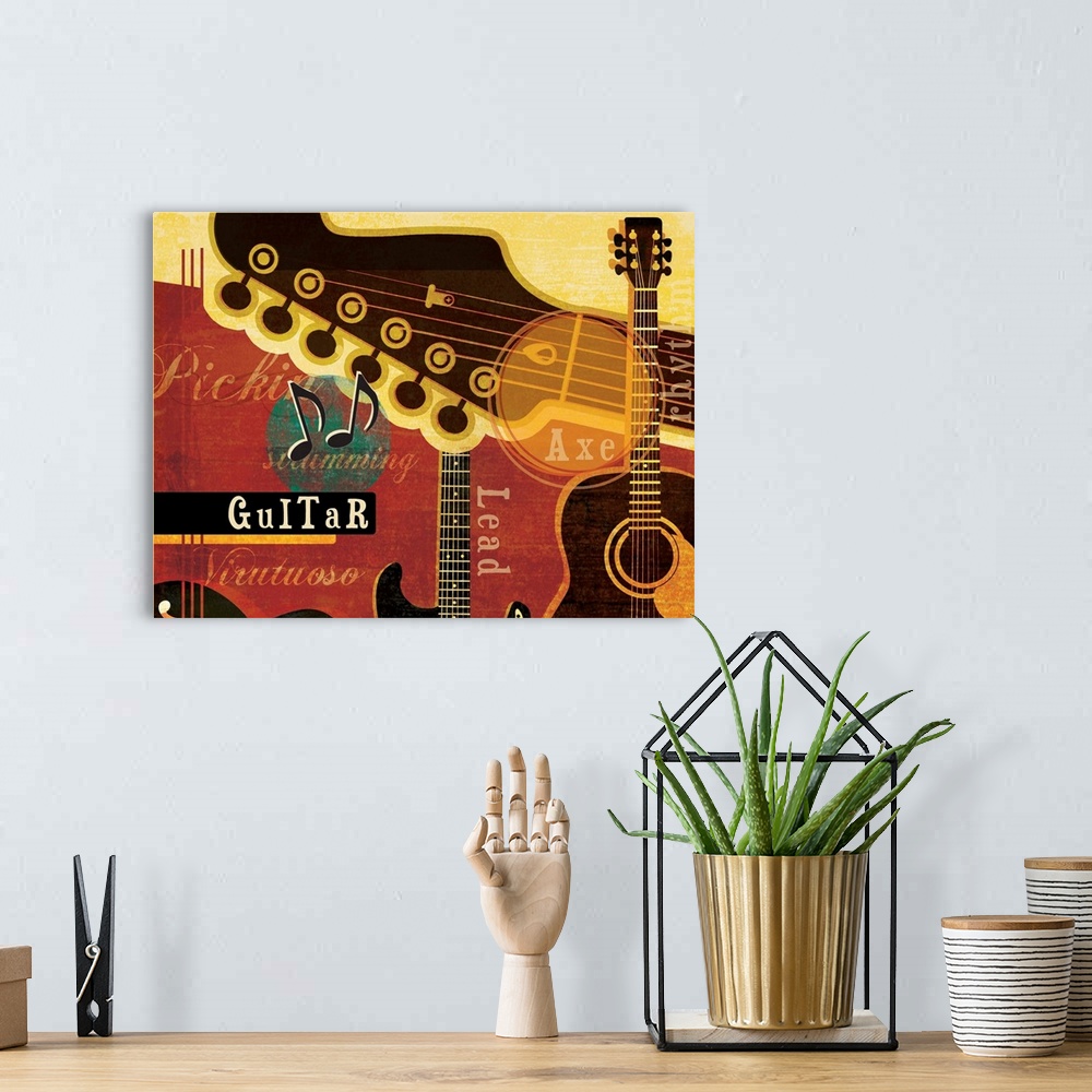 A bohemian room featuring Creative artwork with a musical guitar theme with guitar details and musical terms.