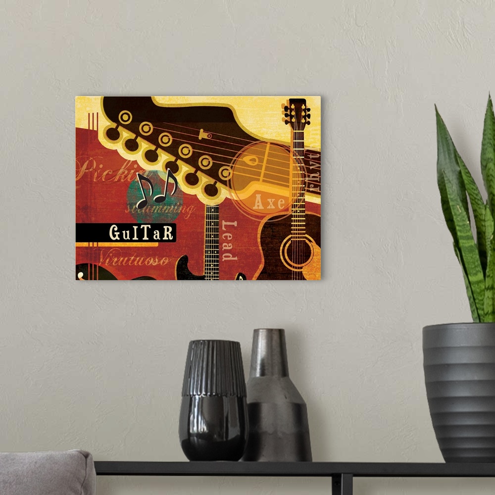 A modern room featuring Creative artwork with a musical guitar theme with guitar details and musical terms.