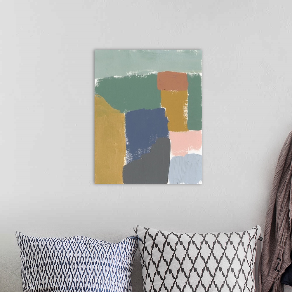 A bohemian room featuring This abstract artwork features blocks of muted colors with feathered dry brush edges over a white...