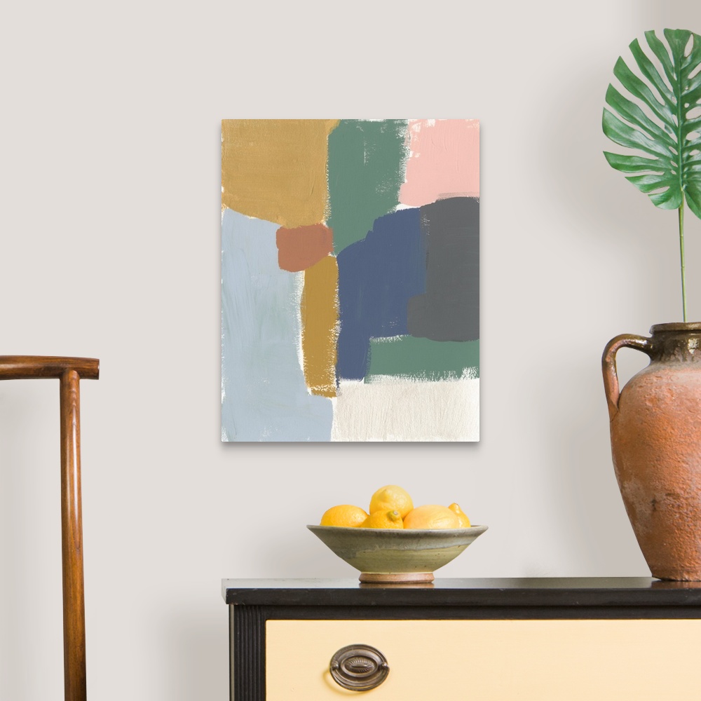 A traditional room featuring This abstract artwork features blocks of muted colors with feathered dry brush edges over a white...