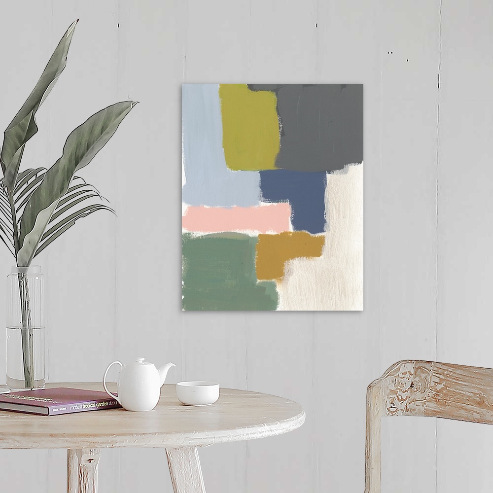 A farmhouse room featuring This abstract artwork features blocks of muted colors with feathered dry brush edges over a white...