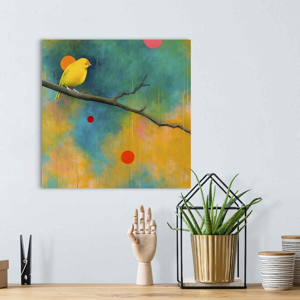 A bohemian room featuring Vibrant painting of a bird perched on a branch, against a colorful and spotted background.