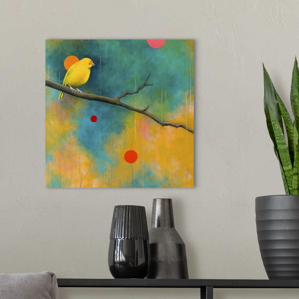 A modern room featuring Vibrant painting of a bird perched on a branch, against a colorful and spotted background.