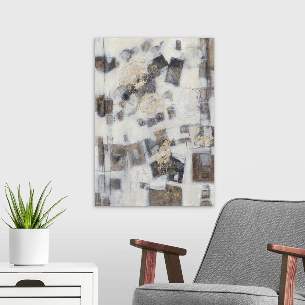 A modern room featuring Contemporary abstract art of rectangular shapes in shades of brown on beige.