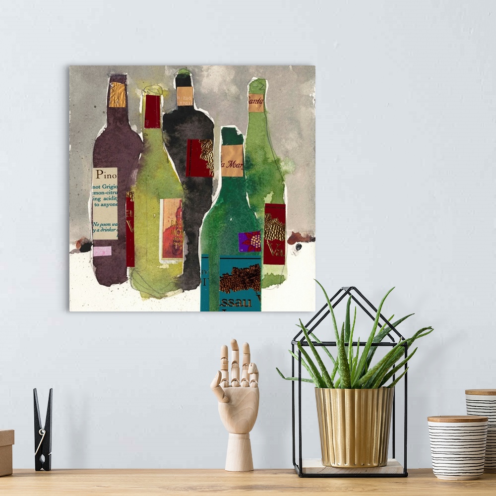 A bohemian room featuring Watercolor painting of a collection of colorful wine bottles.