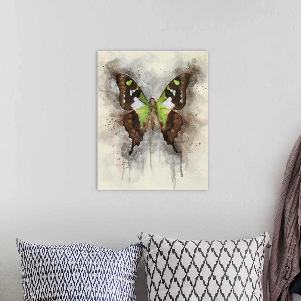 A bohemian room featuring A butterfly dripping with watercolors.