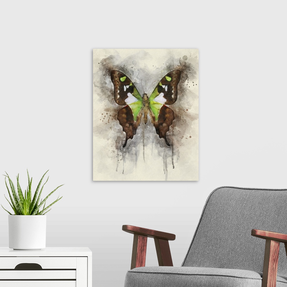 A modern room featuring A butterfly dripping with watercolors.
