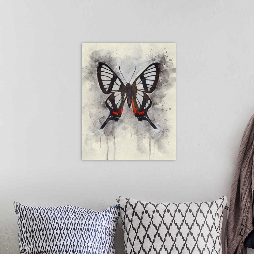 A bohemian room featuring A glasswing butterfly rendered in watercolors.