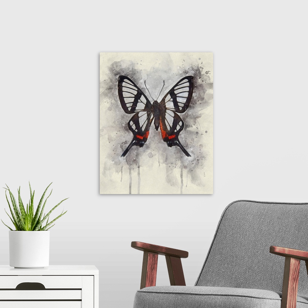 A modern room featuring A glasswing butterfly rendered in watercolors.