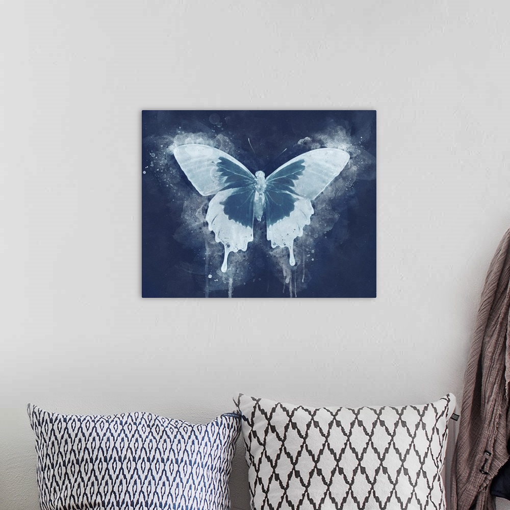 A bohemian room featuring A butterfly dripping with watercolors and rendered in dual tone indigo.