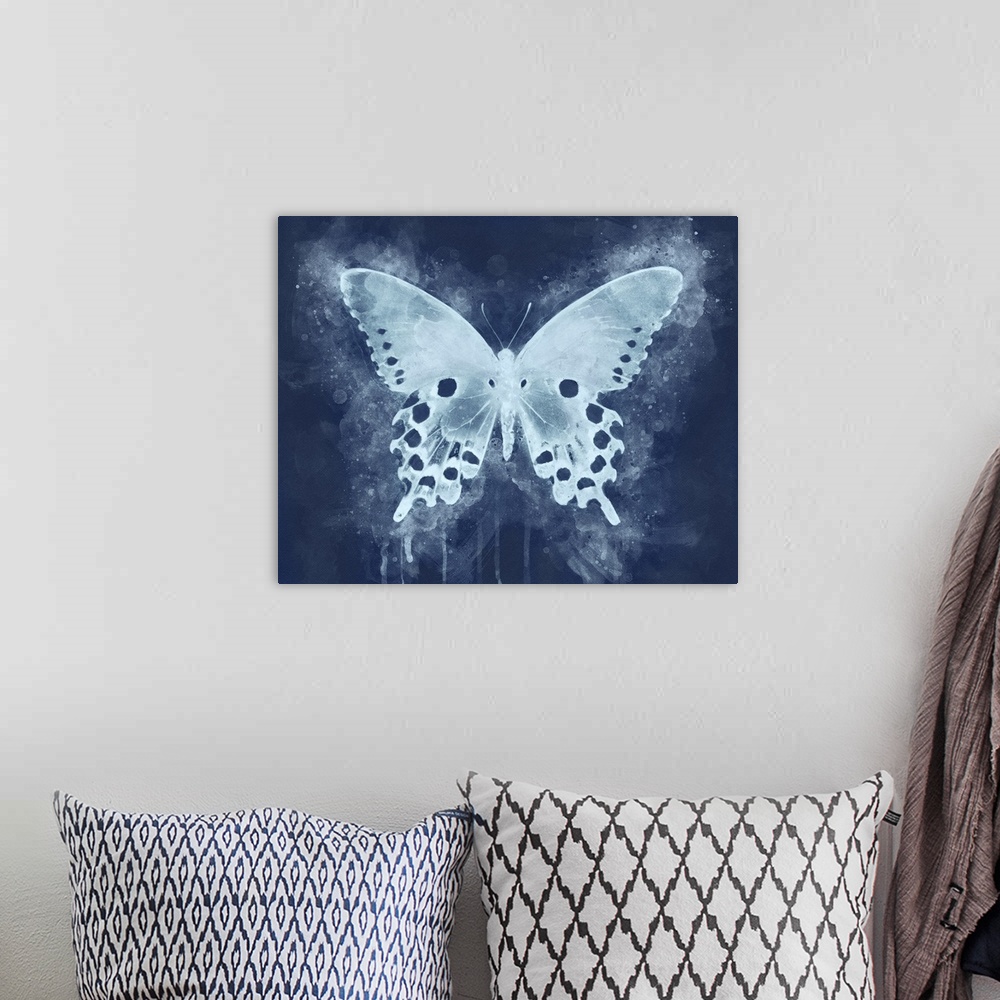 A bohemian room featuring A butterfly dripping with watercolors and rendered in dual tone indigo.