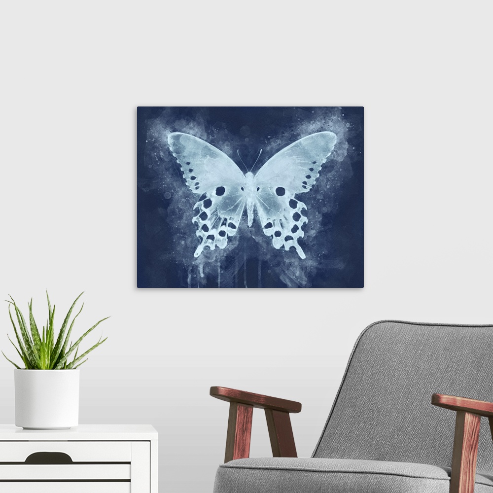 A modern room featuring A butterfly dripping with watercolors and rendered in dual tone indigo.