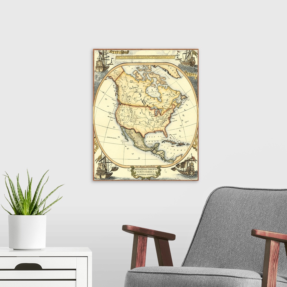 A modern room featuring Nautical Map of North America