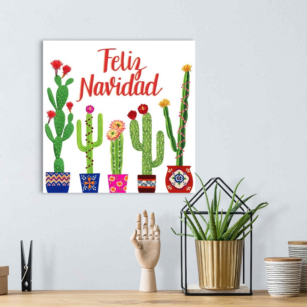 A bohemian room featuring A clever holiday design of "Feliz Navidad" above a row of decorated potted cactus.