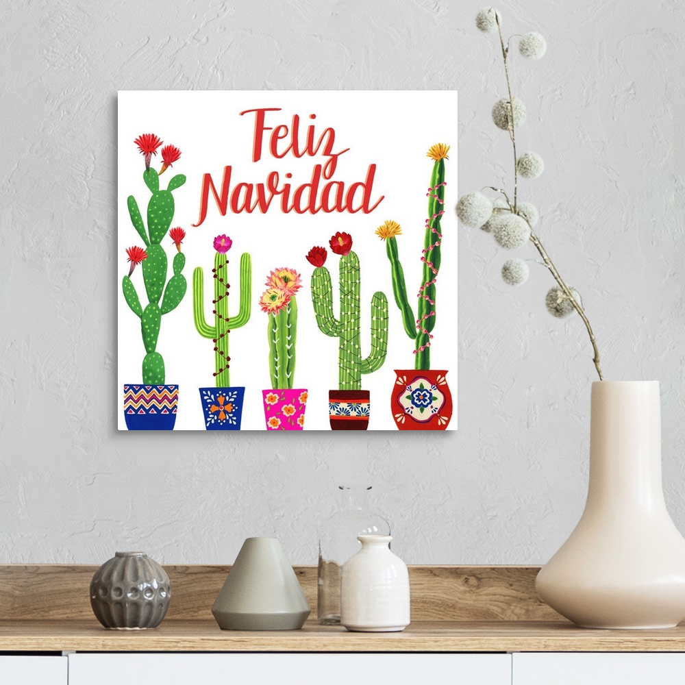 A farmhouse room featuring A clever holiday design of "Feliz Navidad" above a row of decorated potted cactus.