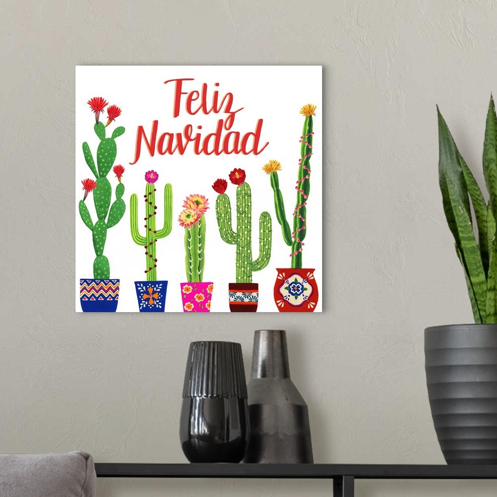 A modern room featuring A clever holiday design of "Feliz Navidad" above a row of decorated potted cactus.