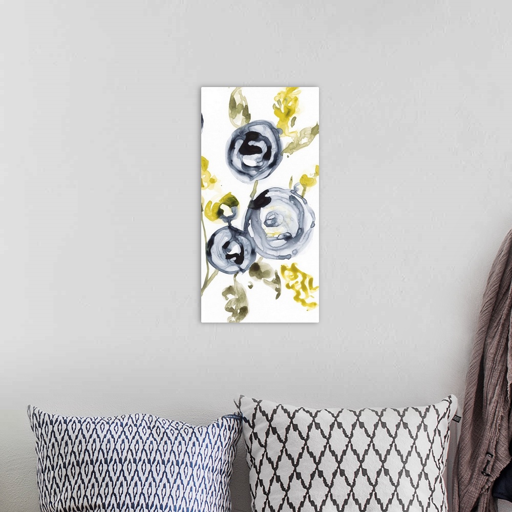 A bohemian room featuring Watercolor painting of round flowers with yellow leaves.