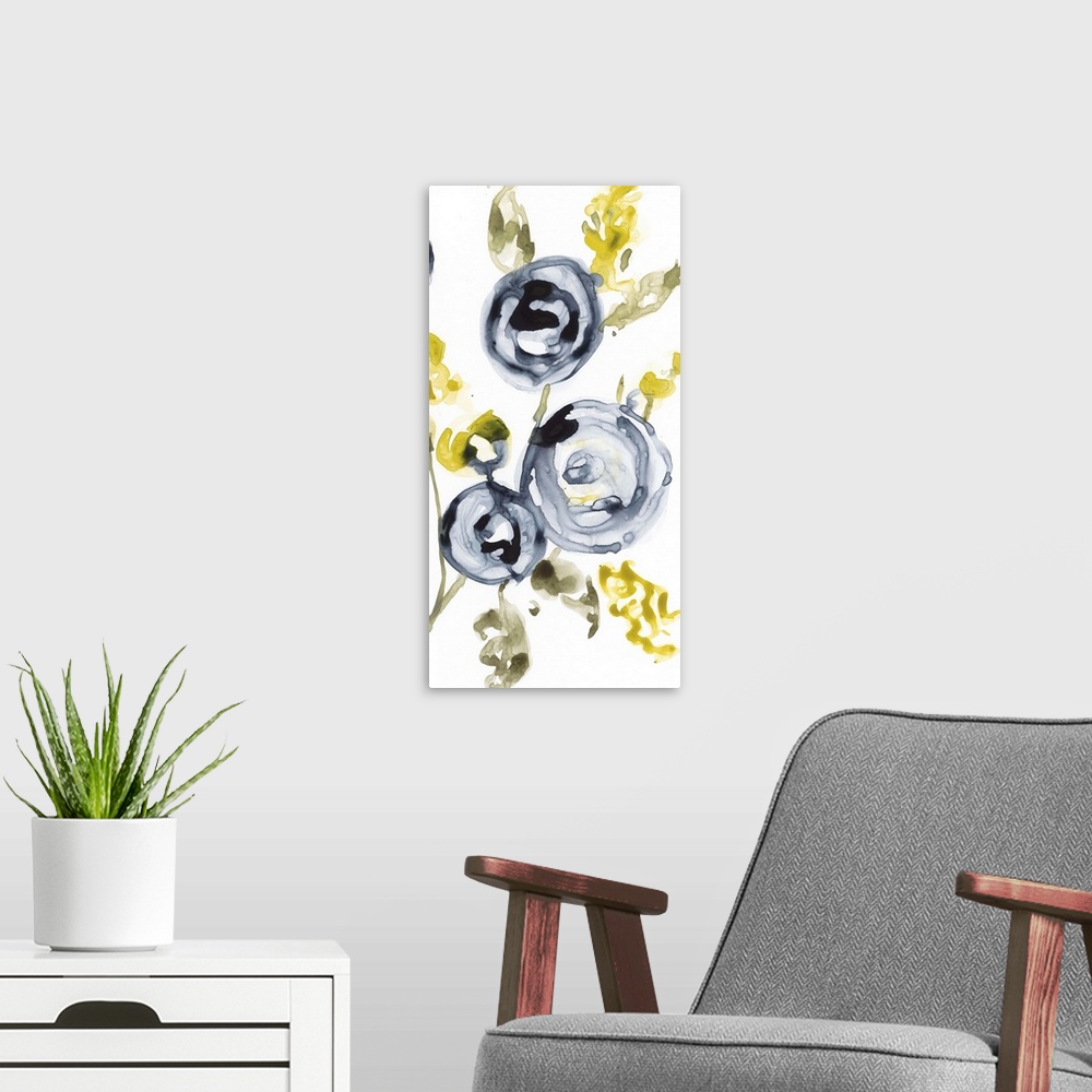 A modern room featuring Watercolor painting of round flowers with yellow leaves.