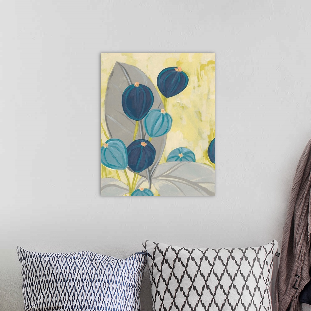 A bohemian room featuring Contemporary floral painting in navy and gray on a citron yellow background.