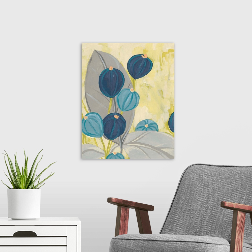 A modern room featuring Contemporary floral painting in navy and gray on a citron yellow background.