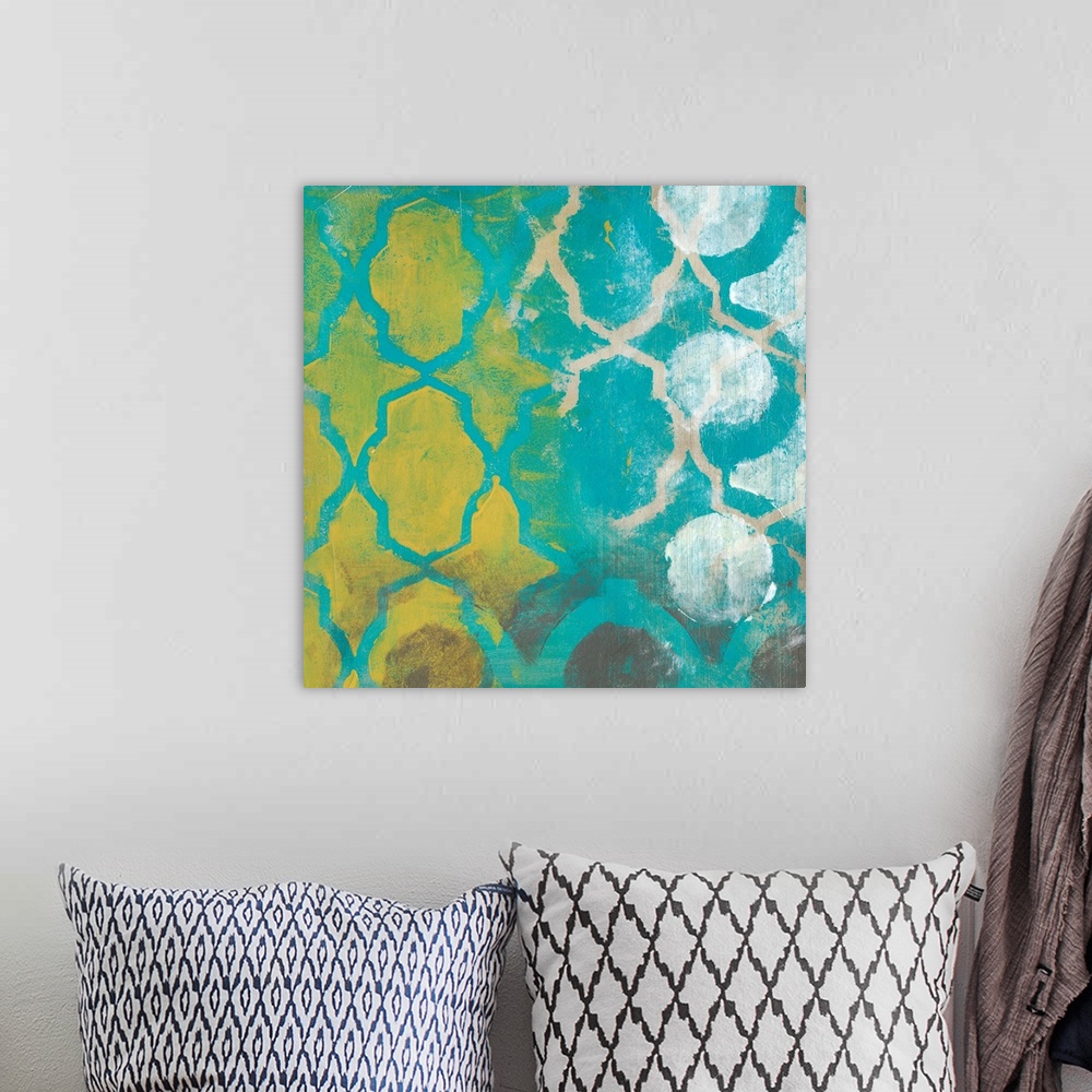 A bohemian room featuring Contemporary abstract painting of two overlapping decorative filigree frameworks.