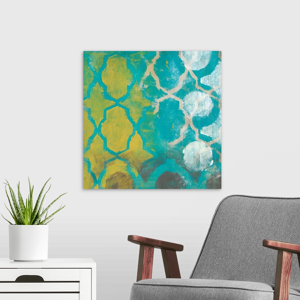 A modern room featuring Contemporary abstract painting of two overlapping decorative filigree frameworks.