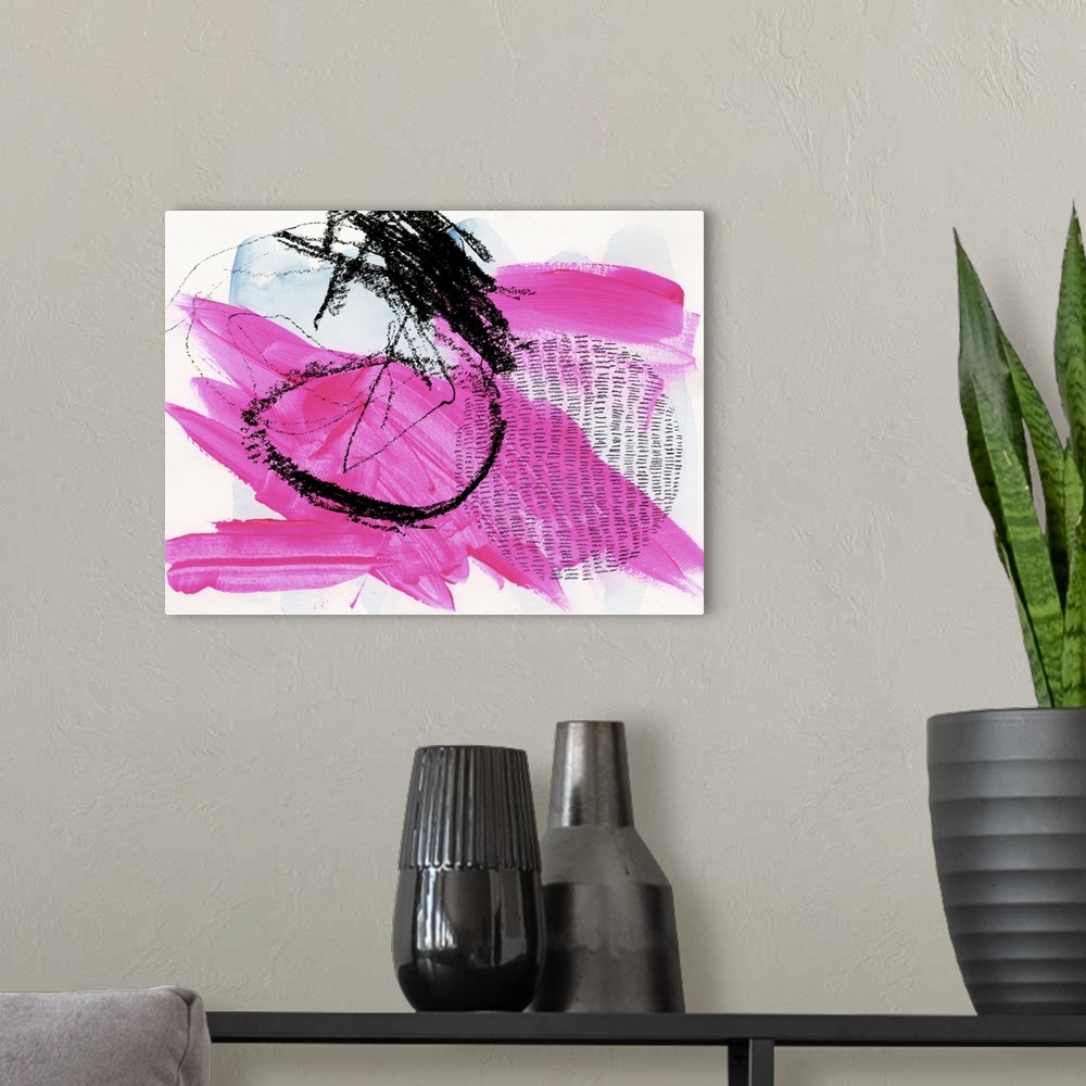 A modern room featuring Abstract artwork featuring energetic pink and light blue brush strokes under black gestural chalk...