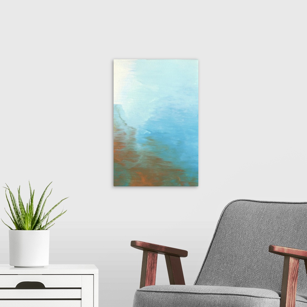 A modern room featuring Modern abstract artwork in blue and orange resembling a hazy morning sky.