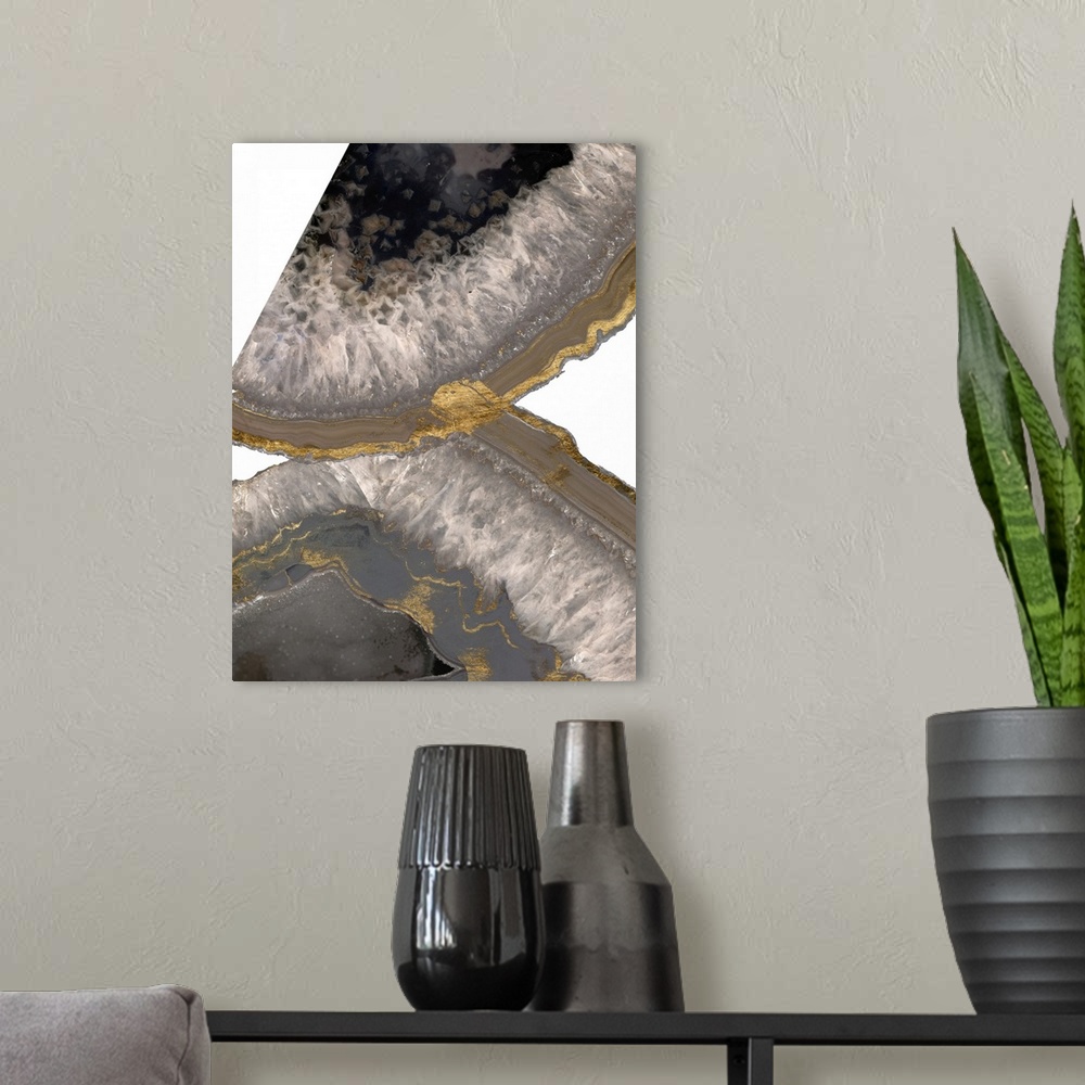 A modern room featuring Abstract art print of agate cross sections in brown and grey shades.
