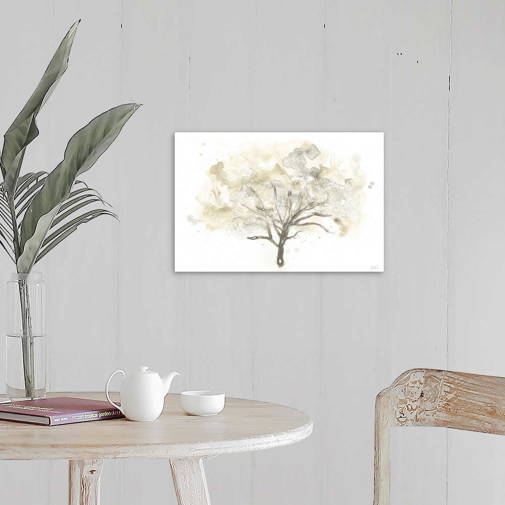 A farmhouse room featuring Watercolor painting of a tree in watered down brown shades with blurred spots.