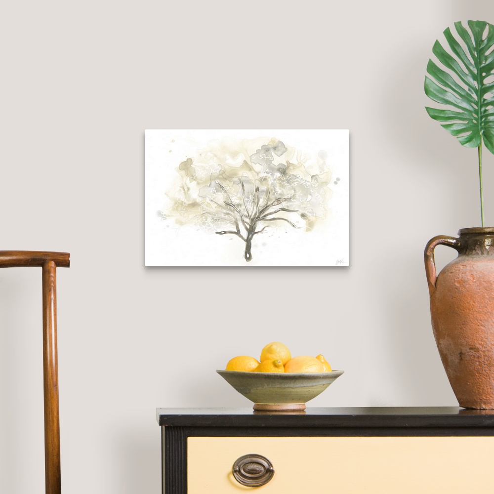 A traditional room featuring Watercolor painting of a tree in watered down brown shades with blurred spots.