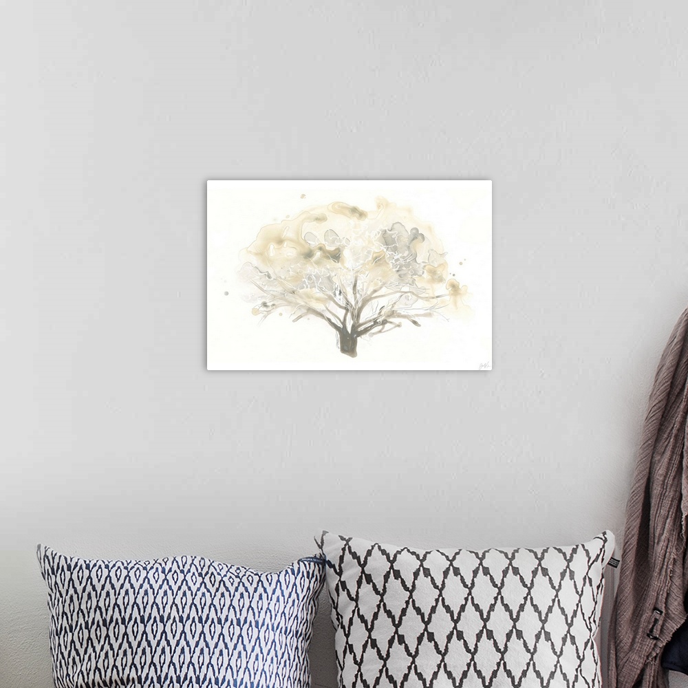 A bohemian room featuring Watercolor painting of a tree in watered down brown shades with blurred spots.