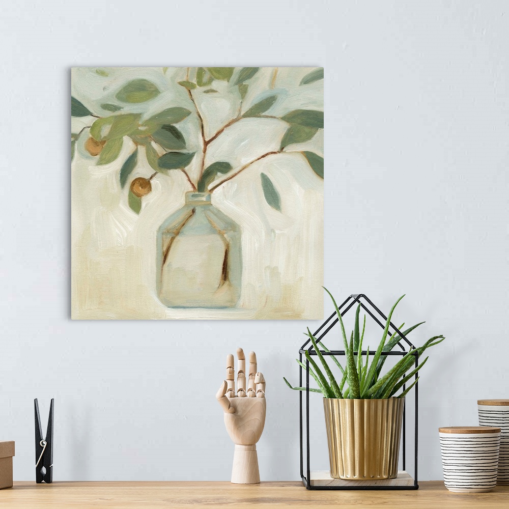 A bohemian room featuring A simple still life of leafy branches in a clear glass jar, painted in a chunky abstracted style ...
