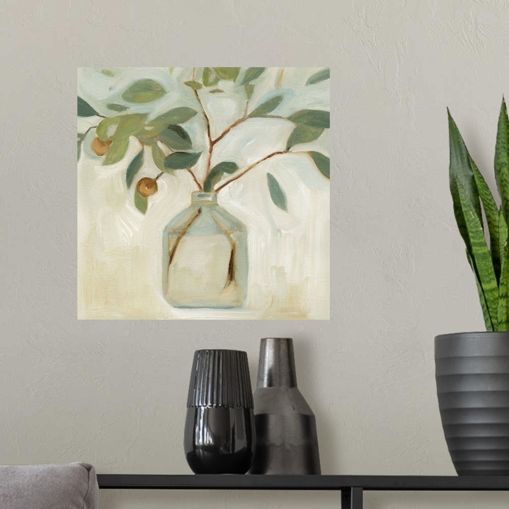 A modern room featuring A simple still life of leafy branches in a clear glass jar, painted in a chunky abstracted style ...
