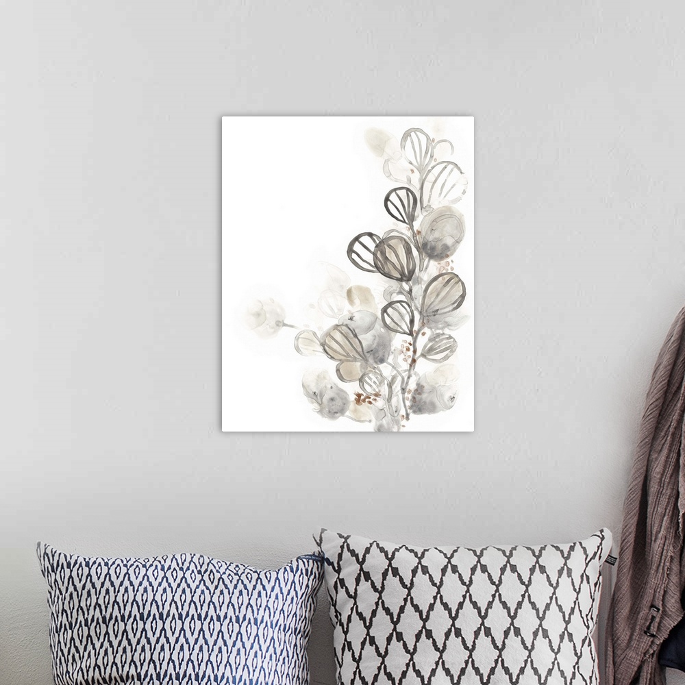 A bohemian room featuring Watercolor painting of leaves in muted neutral colors on white.